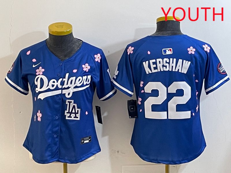 Youth Los Angeles Dodgers #22 Kershaw Blue White Blue Sakura Edition 2025 Nike MLB Jersey style 9